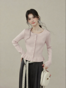 OUYANGXI | Áo Blouse Len Màu Hồng cho Mùa Thu Đông