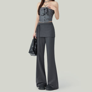 Grey High Waist Micro Flared Casual Pants Womens Early Autumn New Style Slimming Drapey Belted Flared Pants Straight Leg