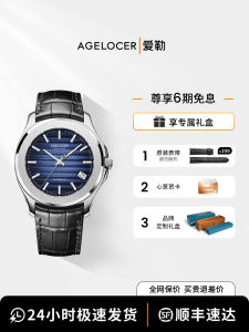 Original AGELOCER Mens Mechanical Watch Large Calendar Fashionable Birthday Gift for Boyfriend round Leather Strap Business Style