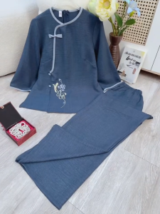 Bộ lam đi chùa chất vải đũi vân mây mềm nhẹ thêu hoa thanh lịch tôn nghiêm tinh tế cho phái đẹp