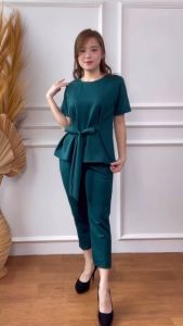 Mihar store / COD 1313 - setelan wanita atasan lengan pendek dan celana panjang polos casual korean style terbaru kekinian / Onet set panjang mango knit polos ikat bisa sampai XL