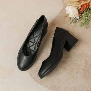Comfortable Soft Bottom Work Shoes for Women Genuine Leather Chunky Heel Single Shoes Professional Black Anti-Slip Bank Hotel Work Boots