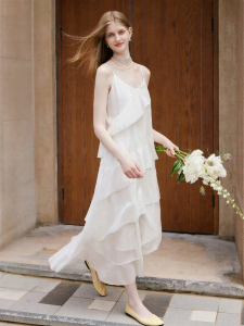 XIANGYING | Strapless Tencel Dress V-Neck French Style Cream Cake Design