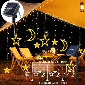 1/2PC Solar Star Moon Curtain String Lights Warm White 8 Modes Hanging LED Fairy Lamp for Festival Party Christmas Ramadan Decor