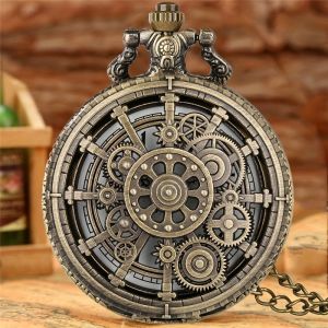 Vintage Hollow Steampunk Gear Design Quartz Pocket Watch with Necklace Pendant World-Time Feature Pointer Display Pocket Watch