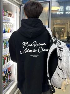 เสื้อฮู้ดคอกลมแขนยาวผ้าฝ้ายสไตล์อเมริกันสีดำ ทรงหลวม แฟชั่นฤดูใบไม้ร่วง ฤดูหนาว ฤดูใบไม้ผลิ ฤดูร้อน สำหรับผู้ชายและผู้หญิง