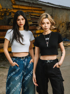 Slimming Short Sleeve T-Shirt Womens Base Layer Belly Show Thin Summer Cotton Polyester Elastic Fiber round Neck Casual Top