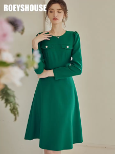 Đầm Xòe Dài Tay Xanh Thiết Kế Cổ Tròn Phối Nút Sang Trọng Tôn Dáng Chuẩn Công Sở & Dạo Phố Cao Cấp