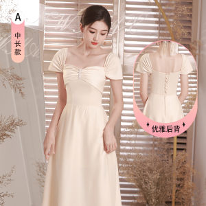 Champagne Color Maids Dress Satin Womens Fashion Mid-Waist A-Line Skirt Long Sleeve KTV Party Wedding Anniversary Performance