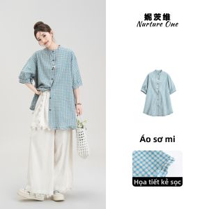 Nurture One | Set đồ nữ gồm áo sơ mi kẻ caro xanh phối ren không đều và quần ống rộng