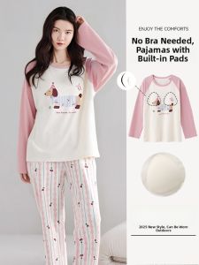 MiiOW | Womens Summer Thin Home Clothes Set Air Conditioned Room Outdoor Wearable Cat Person Sleepwear Long Sleeve Round Neck Cotton