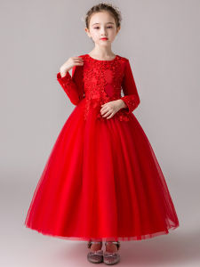 ชุดเดรสยาวผ้าขนแกะสำหรับเด็กผู้หญิง ชุดการแสดง ชุดเจ้าหญิงสีแดง ชุดเดรสฤดูใบไม้ร่วง/ฤดูหนาว ชุดเดรสเด็กผู้หญิง ชุดเดรสเด็ก