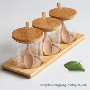 Japanese Style Transparent Glass Seasoning Jars Bamboo Lid