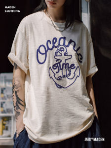 Maden American Retro Navy Embroidered T-Shirt Womens Heavyweight Bamboo Cotton Ribbed Collar Short Sleeve Summer Top