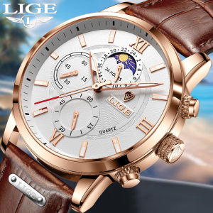 LIGE Fashion Brown Leather Watches For Men Casual Business Men Quartz Watch Waterproof Luminous 24 Hour Moon Phase Chronograph