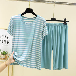 Modal Stripes Pajamas Suit Womens Summer Thin Loose Short Sleeve T-Shirt Casual Shorts Loose-Fitting Loungewear Two-piece Set