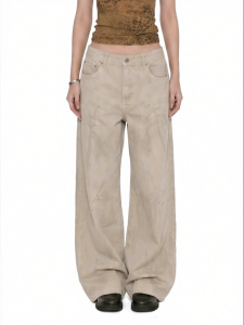 withmin | Quần Jeans Đùi Thấp Chân Rộng Thẳng Thiết Kế Nước Beige