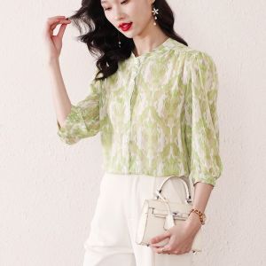 High Quality Fabric New Fashion Korean 3/4 Sleeve Length Green Blouse Work Clause Women Shirts Tops