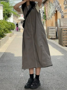 Grey Zipper Backless Vest Dress Large Size for Plus Size Women Summer Casual Work Clothing with Stereo Clipping mid-length long-length