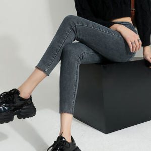 Slim Fit Blue Grey Denim Jeans Womens 8-9 Point Thin Summer Elastic Pencil Pants Natural Waist Cotton Stretch Fabric
