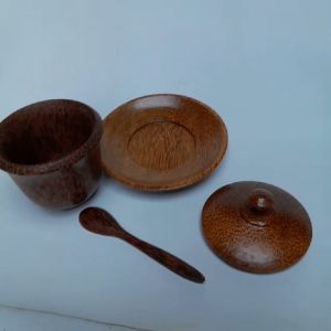 Set alat minum kayu lepek cangkir tutup sendok tatakan saucer