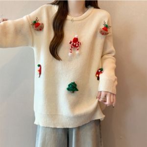 เสื้อสเวตเตอร์ถักแขนยาวทรงหลวมสำหรับผู้หญิงในฤดูหนาว เสื้อสเวตเตอร์ถักลายคริสต์มาสสีแดง ทรงเข้ารูป ขนาดใหญ่ เสื้อผ้าทำงานสไตล์เกาหลี