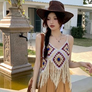 Bohemian Tassel Travel Set Original Ethnic Style V-Neck Polyester Long Pants Fashion Set for Women 18-25 Years Old Summer