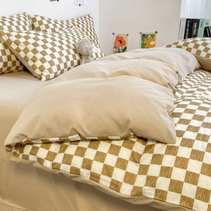 Single Quilt Cover Single Piece Gingham Washed Cotton Master Bedroom Quilt Cover Bed Sheets Four-Piece Bedroom 1.5x2m Three-Piece Set Blue