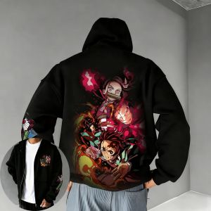 Bandai | Demon Slayer Anime Peripheral Mens Plus Size Zipper Hoodie Autumn/Winter New Printed Hip Hop Casual Loose Cardigan Sweater Top