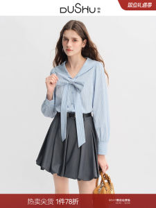 plus Size Dress Naval Collar Butterfly Knot Decoration Striped Shirt Womens Gentle Age Reduction Top Casual Loose Fit Long Sleeve