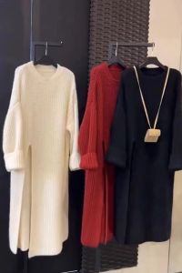 Lazy Style round Neck Pullover Knitted Dress Womens Loose Knee-Length Midi Skirt Side Slit Sweater Dress Commute Style