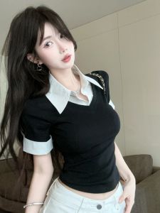 GUZILIAN | French Preppy Style Short Sleeve Polo Neck Knitted Shirt Women Summer Design Sensation Niche Fashion College Wind Korean Version Slim Fit