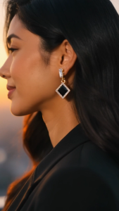 [SG] Black Diamond Rhinestone Drop Earrings | Geometric Statement Earrings | Elegant Black & Gold Earrings | 925   Pin Earrings | ear me out (EMO-62)