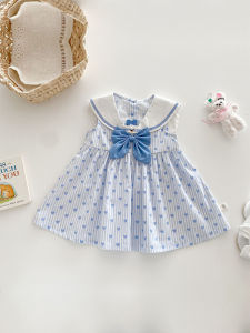 Girls Heart-Shaped Princess Dress Summer Navy Collar Vest Dress Childrens Clothing Cotton Polyester Blend Knee-Length Skirt