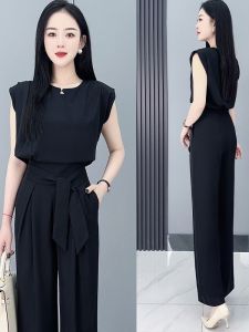 Fashionable Summer Wide Leg Pants Set Casual Slimming High Waist Elegant Two Piece Set Draping Trendy Ageless Versatile Ensemble