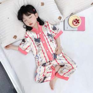 Bộ đồ ngủ Pijama lụa bóng ngắn tay mềm mịn mát thấm hút mồ hôi mặc ở nhà hoạ tiết dễ thương cho bé gái sezi 8-27kg