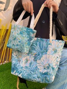 Large Capacity Canvas Student Backpack Monet Garden Artistic Single Shoulder Bag Shopping Bag Soft Handbag for Youth