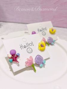 ต่างหูเงิน 925 ดอกไม้สีบล็อกสุดสดใสสำหรับสาวๆ ต่างหูแบบคลิปที่มีสไตล์และหลากหลาย