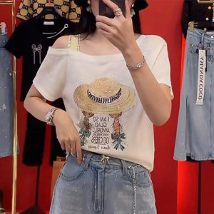 Shalldoer | Áo thun nữ tay ngắn hở vai thêu công phu ôm vừa vặn mùa hè thiết kế thời trang giảm tuổi tác