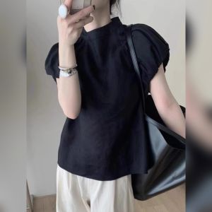 YUFUQING | French Style Bubble Sleeve Linen Stand Collar Shirt Women Summer New High End Feeling Short Sleeve Top Elegant Small Shirt