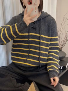 QINGNAER | Hooded Loose Striped Pullover Knitwear