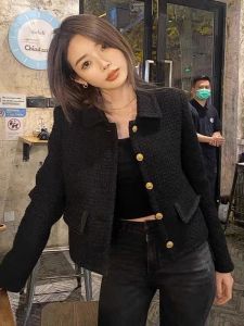 Black Retro Short Coat for Women French Style Thickened Tweed Hong Kong Flavor Street Style Jacket Polo Collar Button up Top