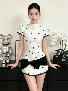 French Elegance Polka Dot Bow Tie Slim Fit Dress