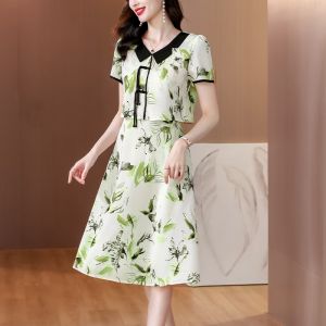 MAIMEI | Fashionable Summer 2025 Womens Short Sleeve Waist-Cinching Doll Collar Dress Korean Style A-Line Midi Skirt Single Piece
