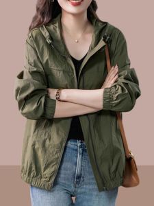 Casual Hooded Jacket Womens Spring Autumn New Style Small Size Trendy Outerwear Premium Feeling Zipper Closure Long Sleeve