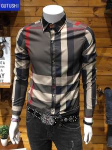 Slim Fit Plaid Long Sleeve Mens Shirt Youth Trendy Base Layer Shirt British Style Large Size Shirt for Spring Autumn