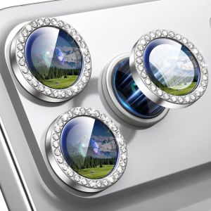 1 Pack Silver Diamond Metal Ring Camera Lens Protector for iPhone 17-11 Pro Max 9H HD Tempered Glass Anti-Scratch Case Friendly