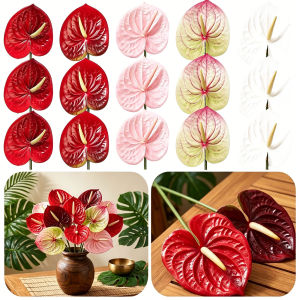 5x Artificial Anthurium Flower Red Flamingo Palm Silk Flower Real Touch Fake Flower for DIY Wedding Bouquet Floral Arrangement Bridal Shower Party