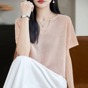 BAIWEISILI | New V-Neck Lace Hollow Pure Color Short Sleeve Thin Ice Silk Blouse
