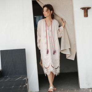 Retro Bohemian Embroidered Loose Dress Vacation Style Beach Sand Skirt Tassel Hollow Long Dress Polyester Cotton Blend